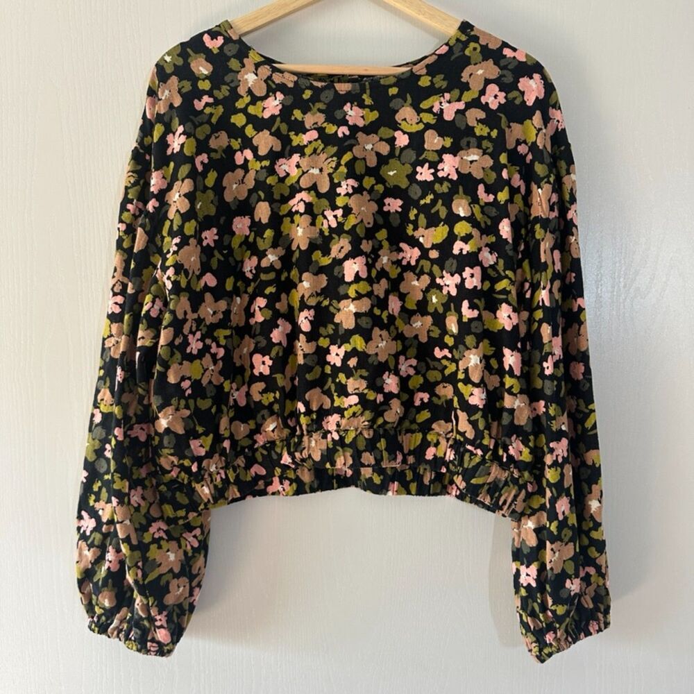 The Get Womens Linen Blend Floral Black Pink Crop Elastic Waist‎ Blouse Large